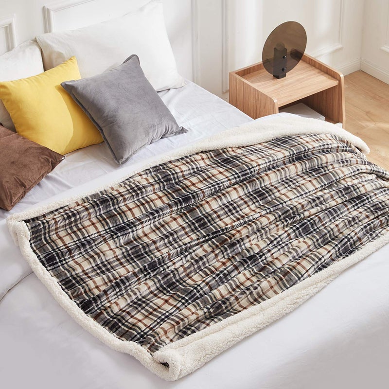 Touchat Sherpa Plaid Throw Blanket, 60" X 70"Fuzzy Fluffy Cozy Soft Blanket, Fleece Flannel Plush Twin Size Microfiber Blanket for Couch Bed Sofa (Brown) - Image 3